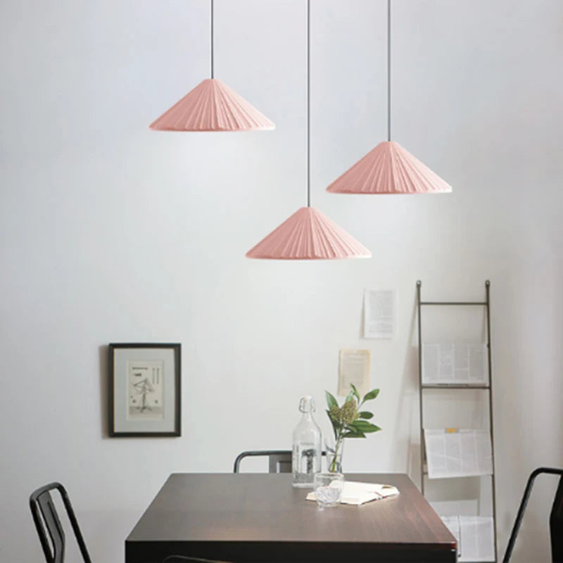 Creative Nordic Resin Pendant Lamp - Macaron Pink LED E27 Lighting with Conical Ripple Design - Modern Simple Home Decor Fixture