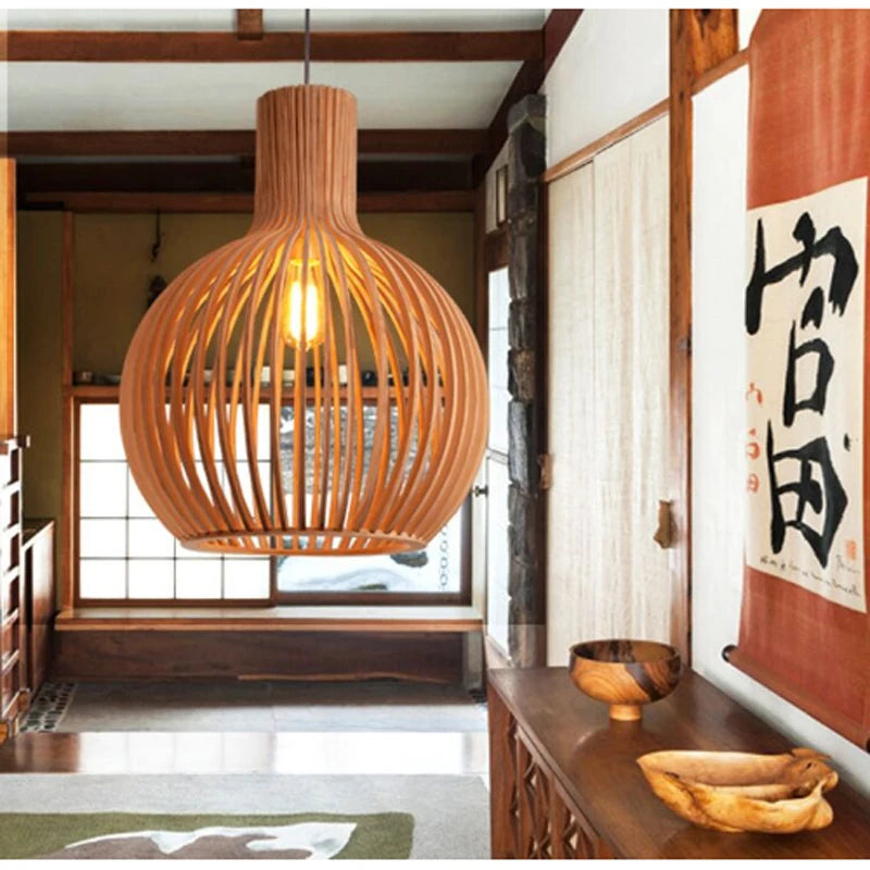 Modern Wood E27 LED Pendant Lamp For Living Room Home Decor Nordic Bird Cage Black LED Chandelier Accessories
