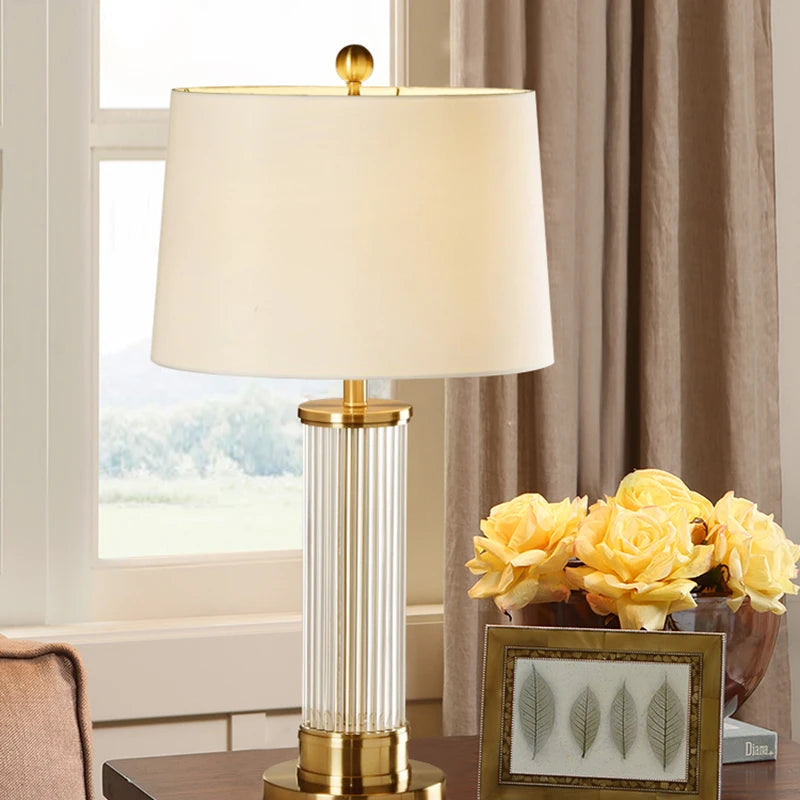 Postmodern Transparent Glass Rod Table Lamp for Living Room Decor Simple Plating Metal E27 LED Bulb White Cloth Cover Desk Light