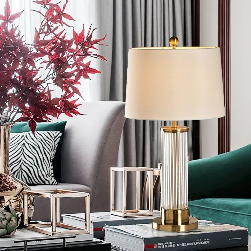 Postmodern Transparent Glass Rod Table Lamp for Living Room Decor Simple Plating Metal E27 LED Bulb White Cloth Cover Desk Light