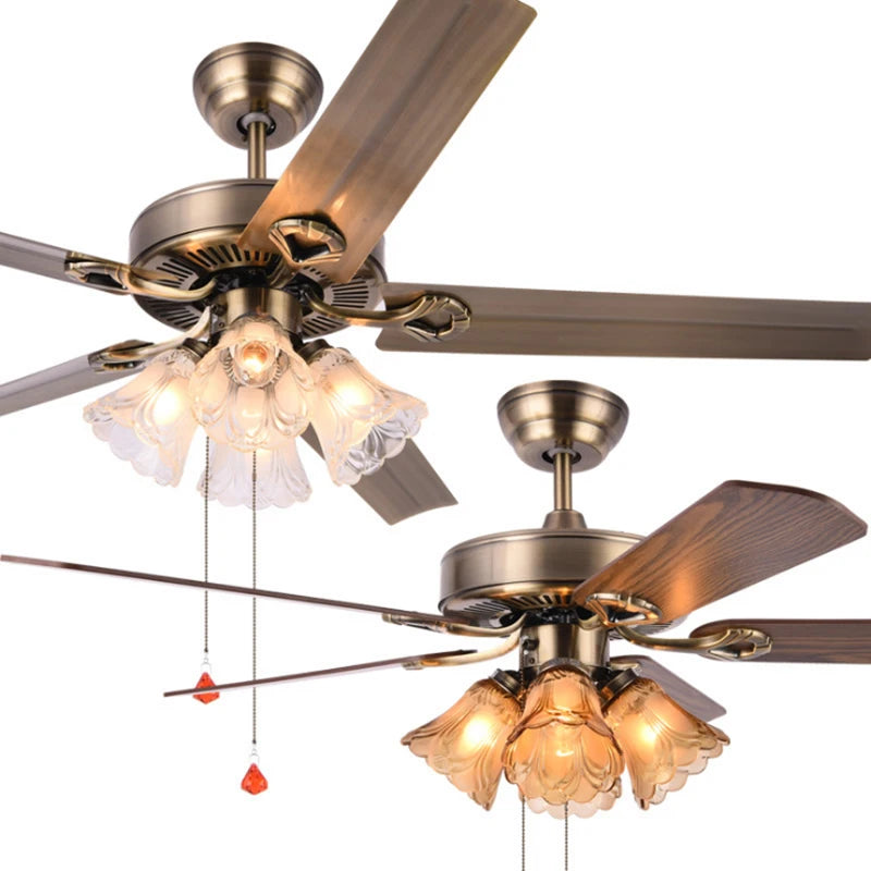 European Retro Bronze Iron Ceiling Fan Light for Dinning Room Home Decor with Amber Glass and Wood Leaf E27 Bulb Fan lamp