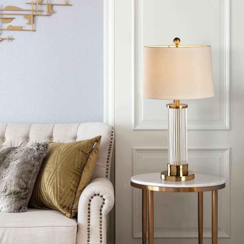 Postmodern Transparent Glass Rod Table Lamp for Living Room Decor Simple Plating Metal E27 LED Bulb White Cloth Cover Desk Light