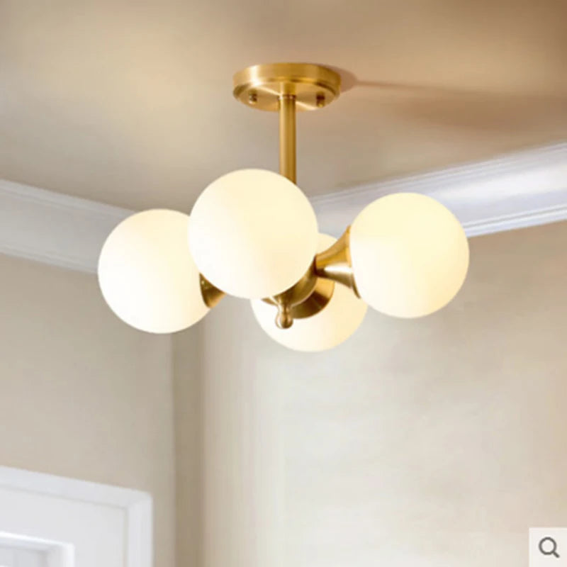 Nordic Creative LED Ceiling Lamp - White Glass Ball Lampshade with Copper Accent - E27 Hanging Light for Living Room Home Decor
