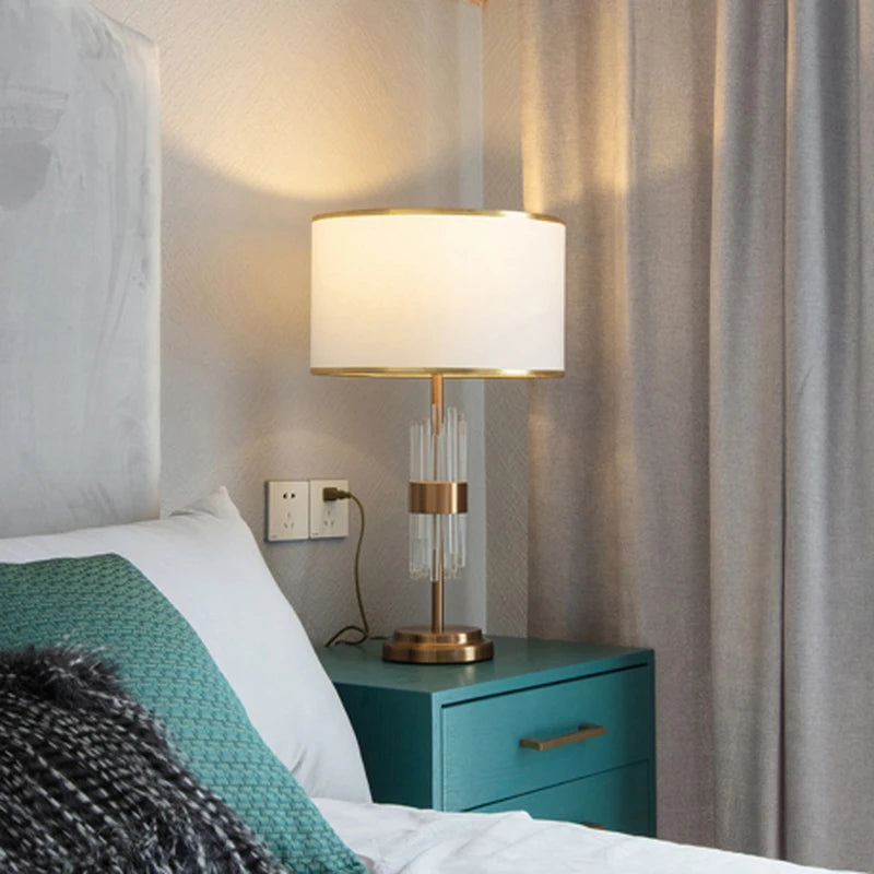 American Transparent Glass Crystal Rod Living Room Table Lamp Iron LED E27 Bedroom Bedside Decoration White Cloth Desk Lighting