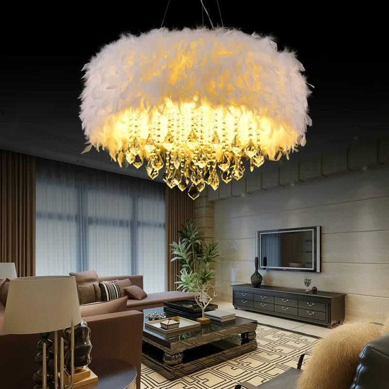 Nordic European Post-Modern Crystal Feather Chandelier, Creative Romantic E27 Ceiling Lamp for Dining Room, Modern Hanging Light