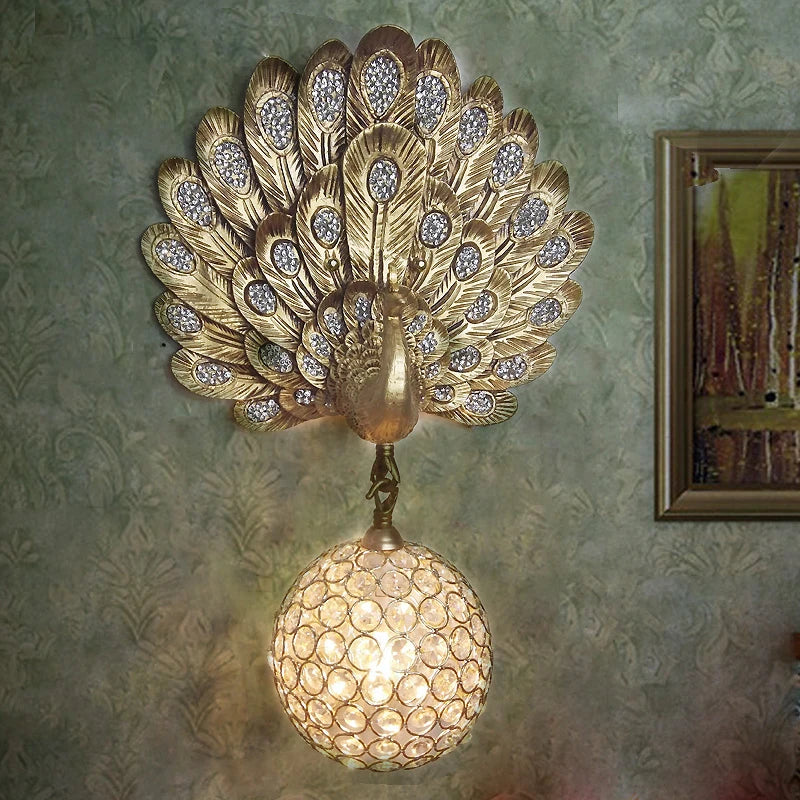European Classic Peacock Open Screen Wall Lamp - Gold Paint Luxury Crystal LED Hanging Ball Lighting for Living Room Decoration,
