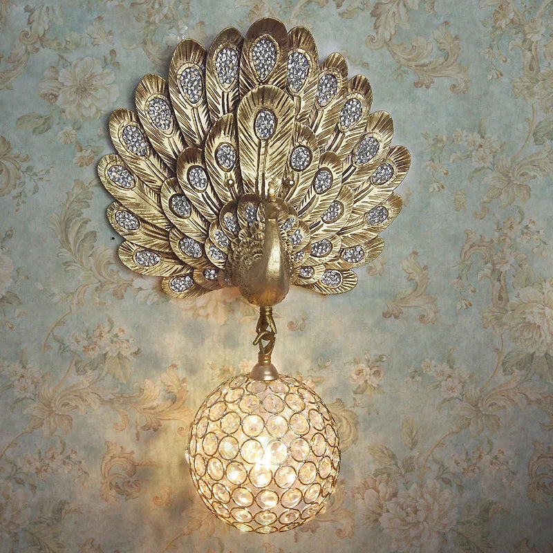European Classic Peacock Open Screen Wall Lamp - Gold Paint Luxury Crystal LED Hanging Ball Lighting for Living Room Decoration,