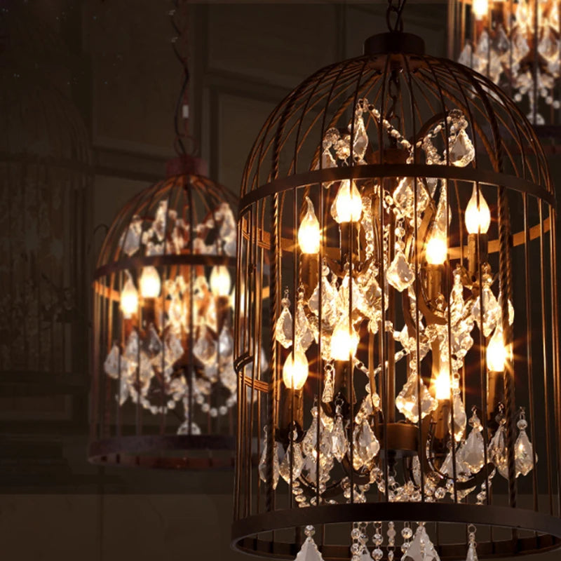 Vintage American Rust Iron Bird Cage Crystal Chandelier Pendant Lamp for Restaurant Villa Living Room E14 LED Home Deco Light