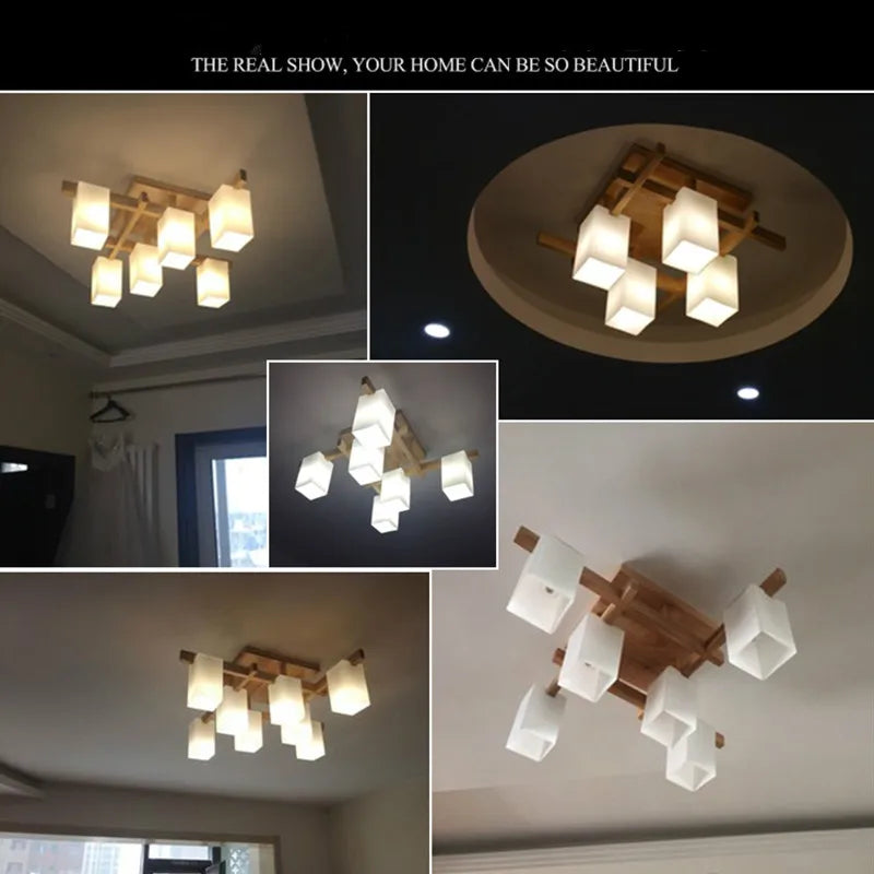 Nordic minimalist creative led wood style living room ceiling lamp personality Japanese home deco restaurant glass ceiling lamp