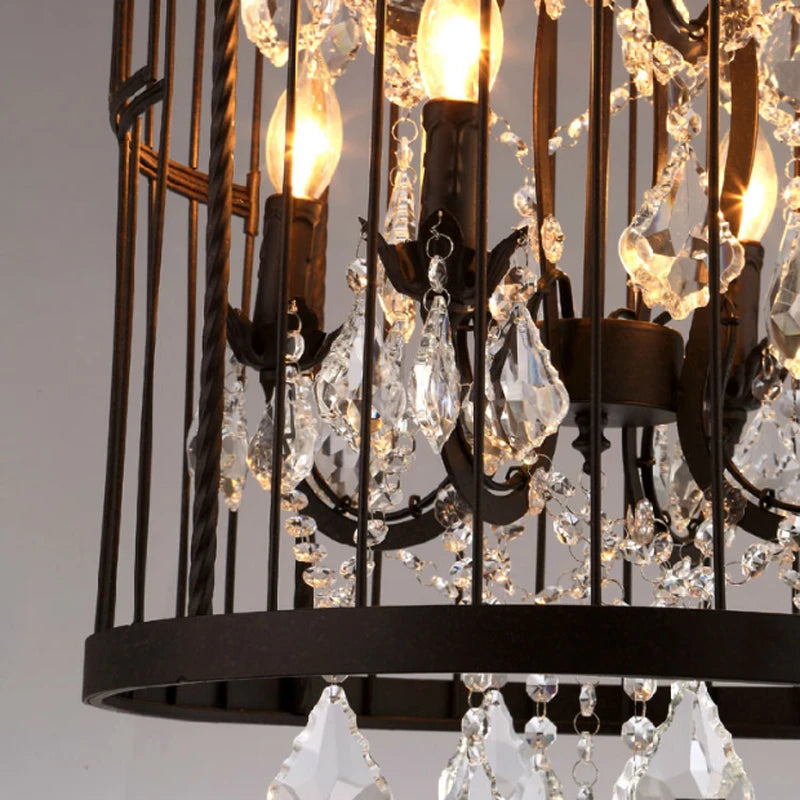 Vintage American Rust Iron Bird Cage Crystal Chandelier Pendant Lamp for Restaurant Villa Living Room E14 LED Home Deco Light