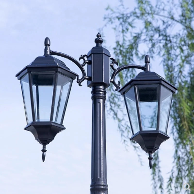 European Vintage Waterproof Street Lamp with Glass Bowls Outdoor Garden Landscape Lamp Bronze Aluminum Body E27 LED Bulb