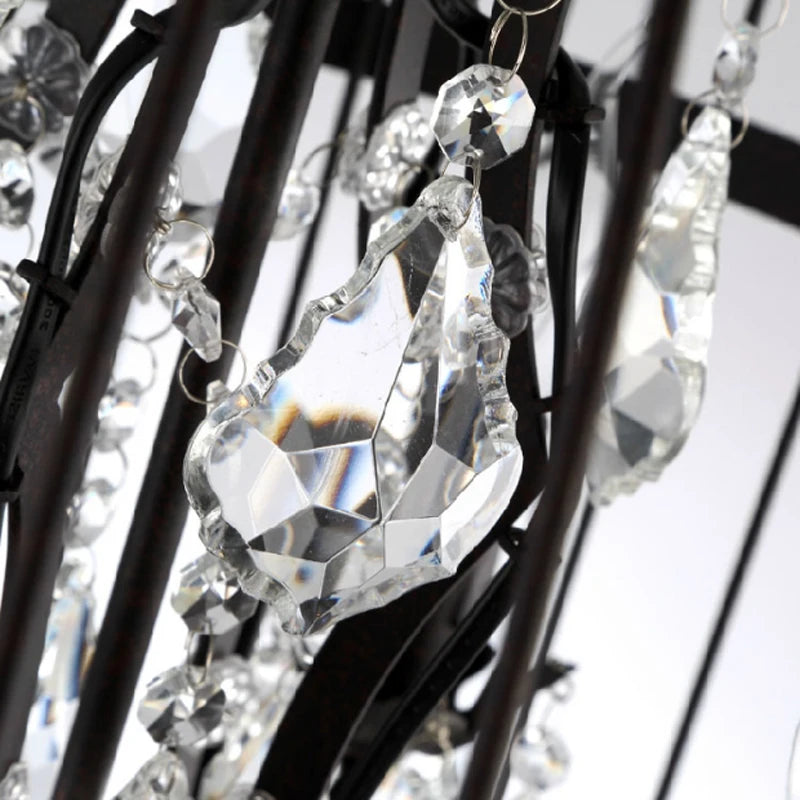 Vintage American Rust Iron Bird Cage Crystal Chandelier Pendant Lamp for Restaurant Villa Living Room E14 LED Home Deco Light