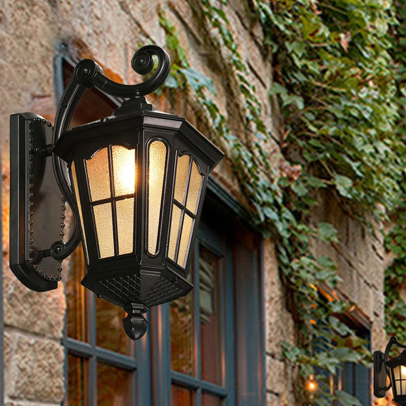 Antique Rustic Waterproof Wall Lamp for Outdoor Garden Vintage Kerosene Lantern Light Matte black Corridor Wall Sconce light