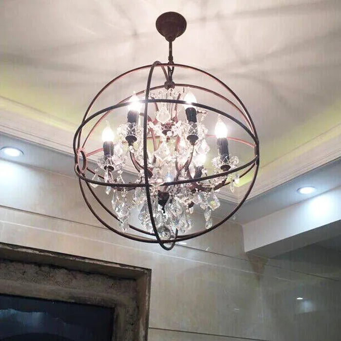 American Orbital Rust Iron Crystal Chandelier for Living Room Home Decor European Luxury Retro Glass Pendant Light E14 LED Bulb