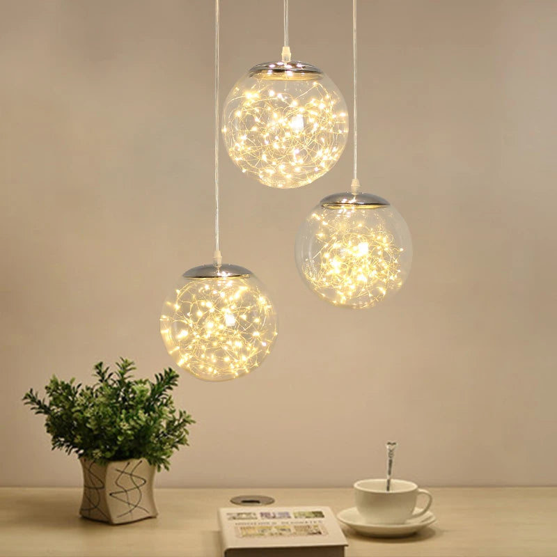 Modern Creative Clear Glass Ball Pendant Lamp with LED String - Nordic Hanging Lighting Fixture for Dining Room Home Decor