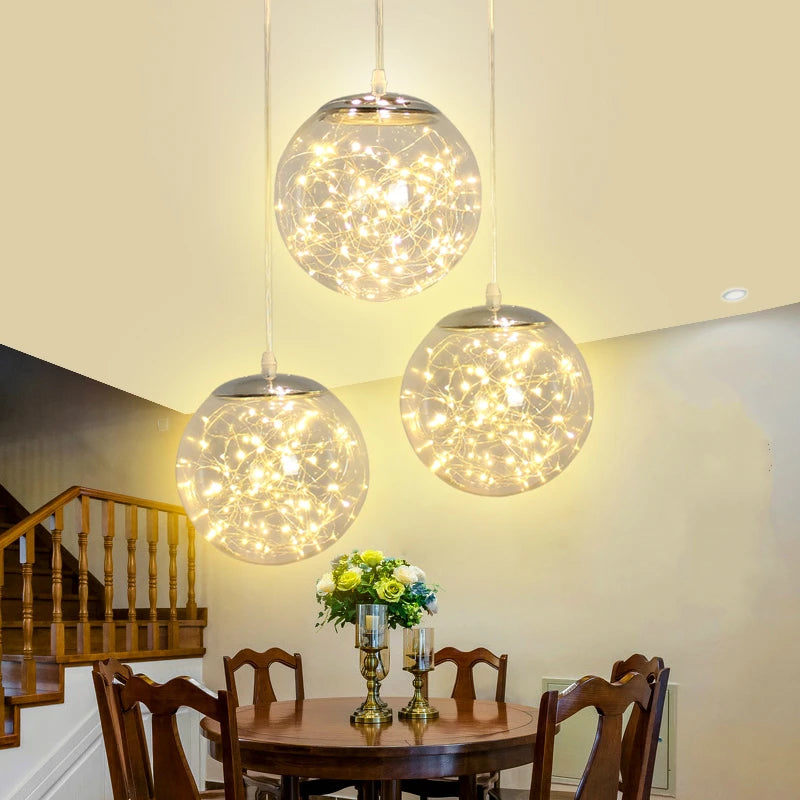 Modern Creative Clear Glass Ball Pendant Lamp with LED String - Nordic Hanging Lighting Fixture for Dining Room Home Decor