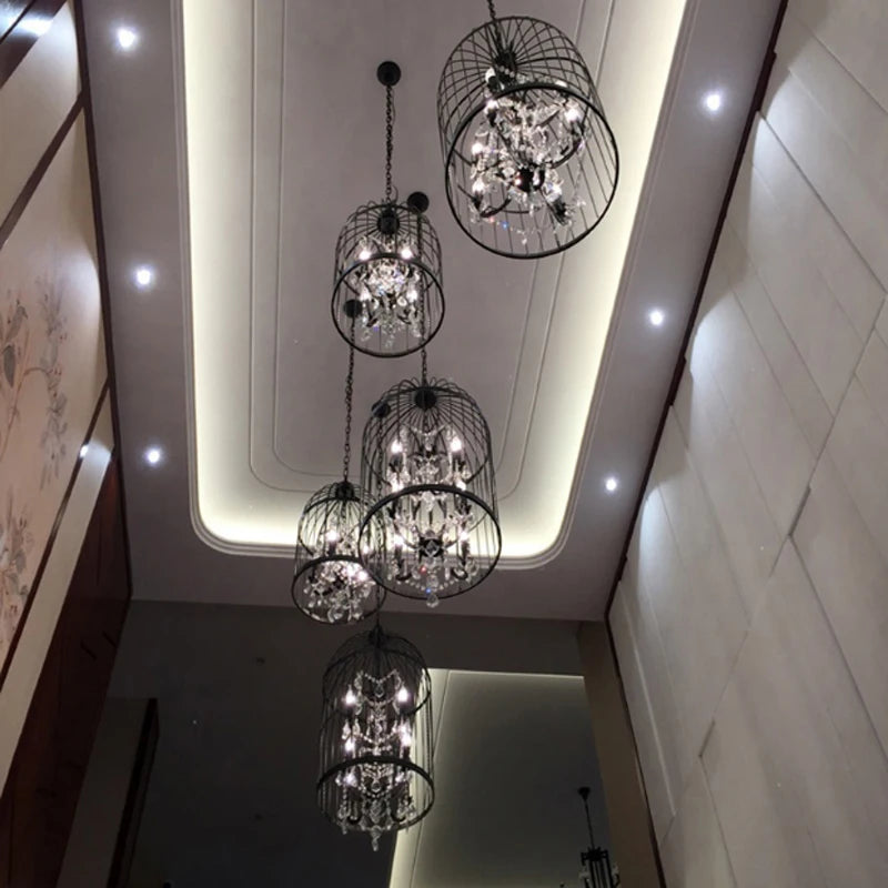 Vintage American Rust Iron Bird Cage Crystal Chandelier Pendant Lamp for Restaurant Villa Living Room E14 LED Home Deco Light