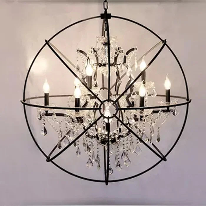 American Orbital Rust Iron Crystal Chandelier for Living Room Home Decor European Luxury Retro Glass Pendant Light E14 LED Bulb