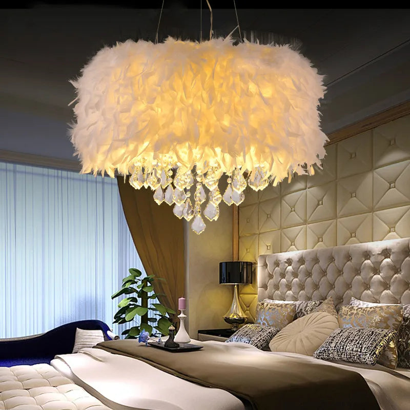 Nordic European Post-Modern Crystal Feather Chandelier, Creative Romantic E27 Ceiling Lamp for Dining Room, Modern Hanging Light