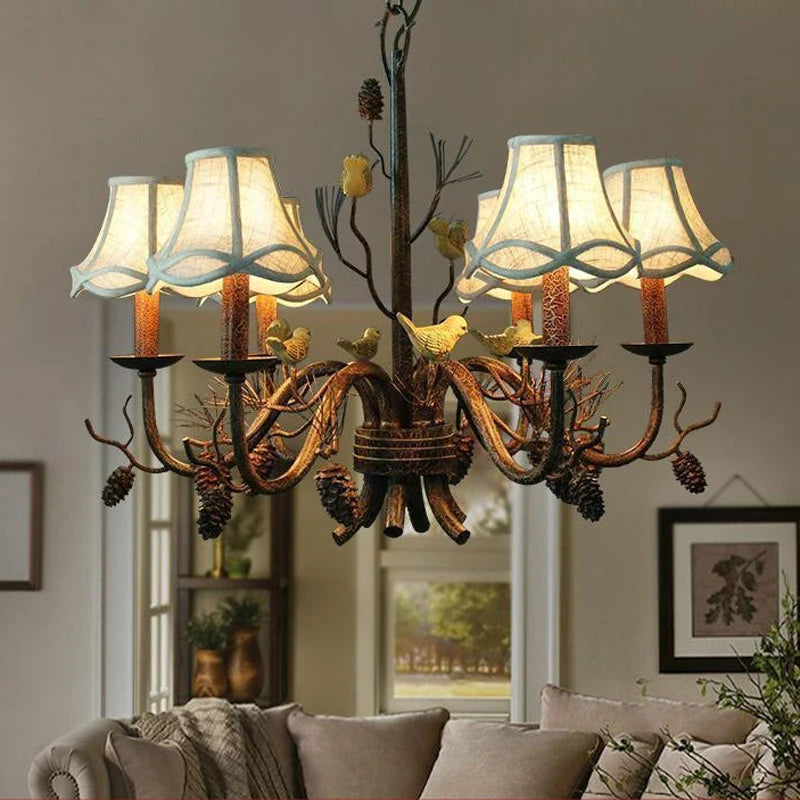 American Vintage Retro Iron LED Chandelier E14 Bulb Resin Bird Hanging Light Fixture for Living Bedroom Dining Room & Home Decor