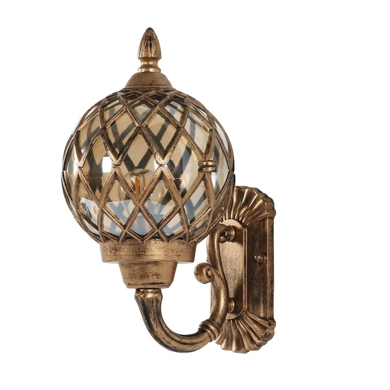 European outdoor waterproof amber glass ball wall lamp corridor retro decoration LED paint bronze iron E27 bulb lighting