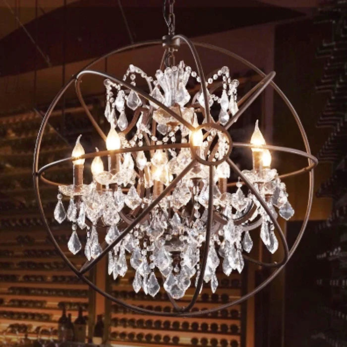 American Orbital Rust Iron Crystal Chandelier for Living Room Home Decor European Luxury Retro Glass Pendant Light E14 LED Bulb