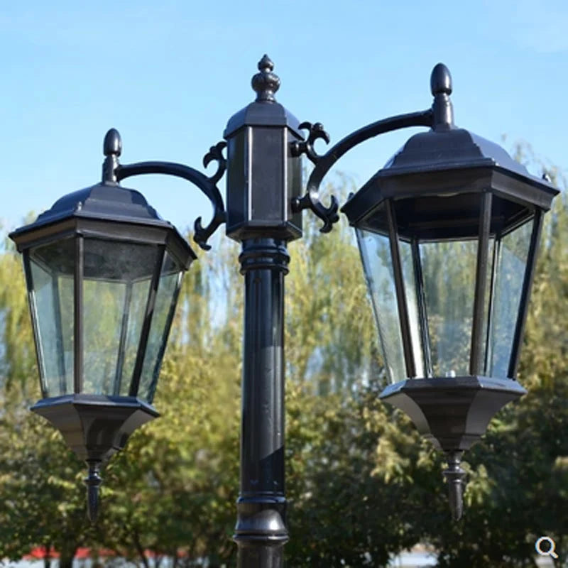 European Vintage Waterproof Street Lamp with Glass Bowls Outdoor Garden Landscape Lamp Bronze Aluminum Body E27 LED Bulb