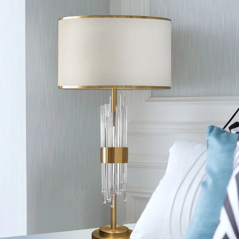 American Transparent Glass Crystal Rod Living Room Table Lamp Iron LED E27 Bedroom Bedside Decoration White Cloth Desk Lighting
