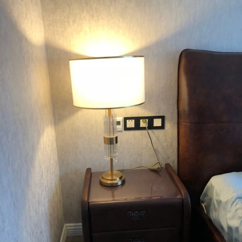 American Transparent Glass Crystal Rod Living Room Table Lamp Iron LED E27 Bedroom Bedside Decoration White Cloth Desk Lighting