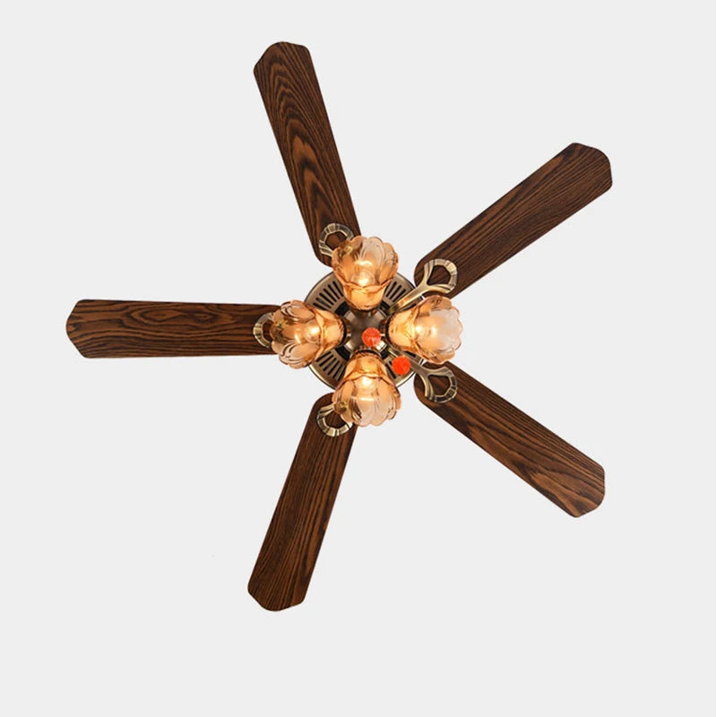 European Retro Bronze Iron Ceiling Fan Light for Dinning Room Home Decor with Amber Glass and Wood Leaf E27 Bulb Fan lamp