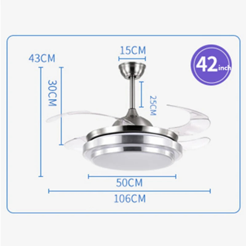 Modern Silver Ceiling Fan Lamp with ABS Fan Blade for Living Room Home Decor LED Dimming Bulb 36/42 Inches Remote Control