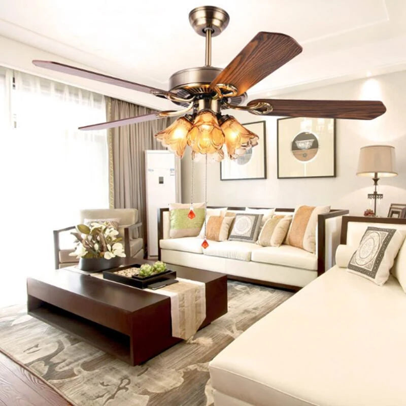 European Retro Bronze Iron Ceiling Fan Light for Dinning Room Home Decor with Amber Glass and Wood Leaf E27 Bulb Fan lamp