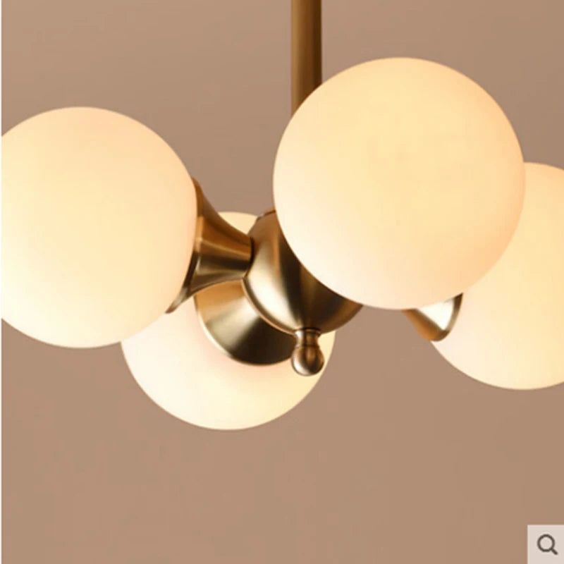 Nordic Creative LED Ceiling Lamp - White Glass Ball Lampshade with Copper Accent - E27 Hanging Light for Living Room Home Decor