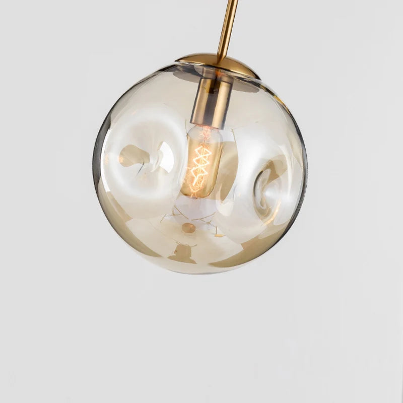 Nordic Industrial Textured Pendant Light with Brushed Brass & Amber Glass Ball, LED E27 Edison Bulb Ceiling Lamp for Restaurant