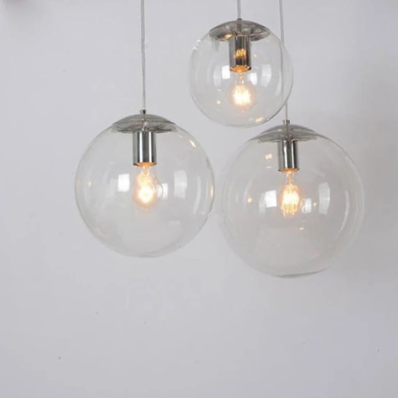 ?Modern Minimalist Clear Glass Ball Pendant Light with Chrome Accents - DIY Customizable LED Hanging Fixture for Living Room