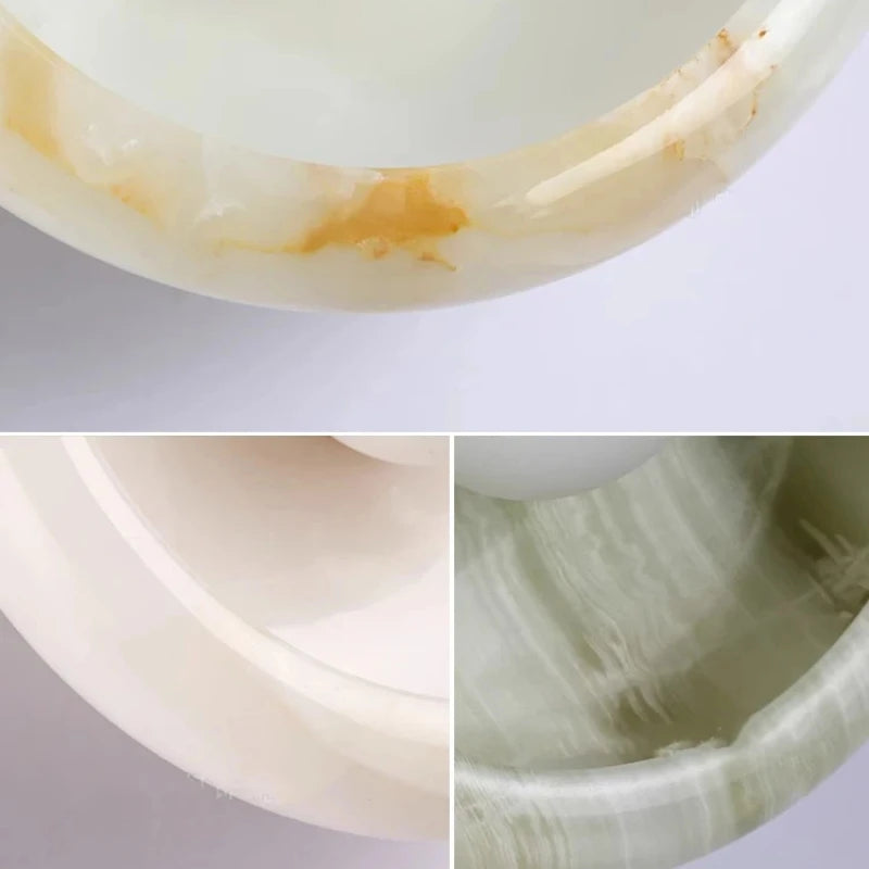 Nordic Round Natural Jade & Stone Wall Sconce Lamp - Designer Luxury Wall Light Fixture for Living Room Home Decor with Shade