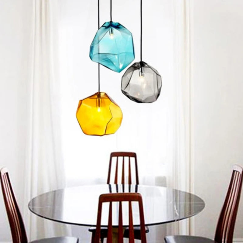 Modern Stone Texture & Tri-Color Frosted Glass Pendant Light, Nordic Industrial LED Hanging Lamp with E27 Bulb for Dining Room