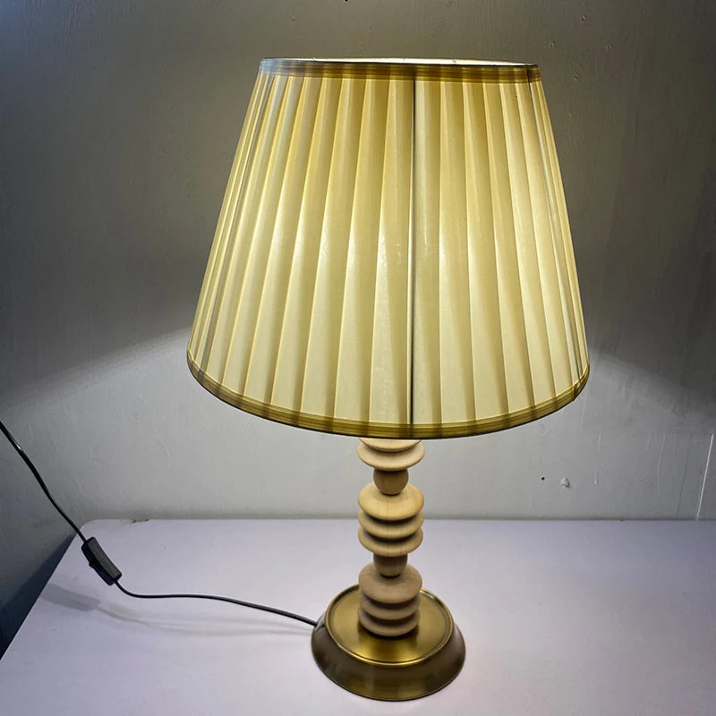 Japanese Wabi-Sabi Table Lamp with Antique Wood Body for Living Room Home Decor with Fabric Lampshade E27 LED Bulb Desk Lamp