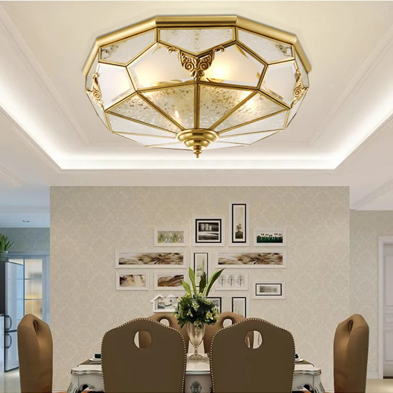 Europe Vintage Copper Glass Ceiling Light America Home Deco Bedroom living room E27 Bulb Indoor 35cm 45cm LED Ceiling Lamp