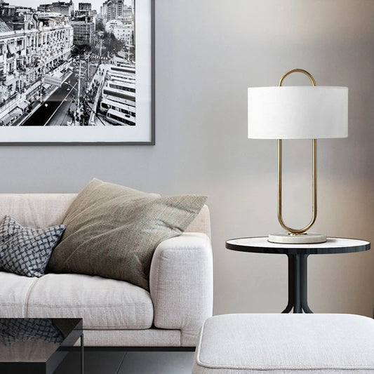 Simple Modern Golden Metal Plating Table Lamp Living Room Bedroom Study Decor White Cloth LED E27 Lighting Desk Fixture