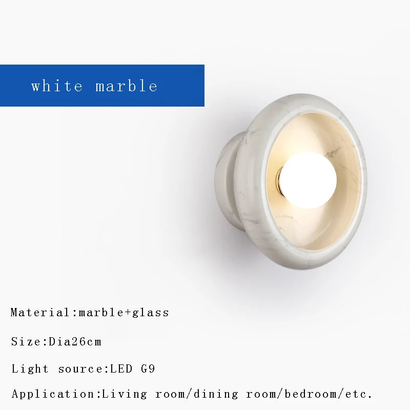 Nordic Round Natural Jade & Stone Wall Sconce Lamp - Designer Luxury Wall Light Fixture for Living Room Home Decor with Shade