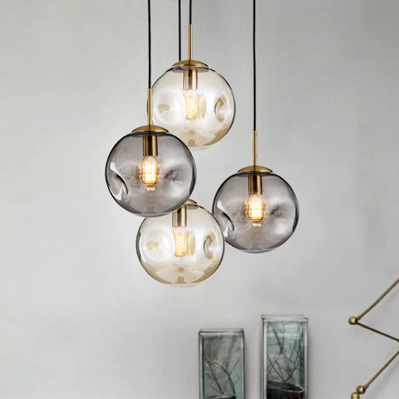 Nordic Industrial Textured Pendant Light with Brushed Brass & Amber Glass Ball, LED E27 Edison Bulb Ceiling Lamp for Restaurant