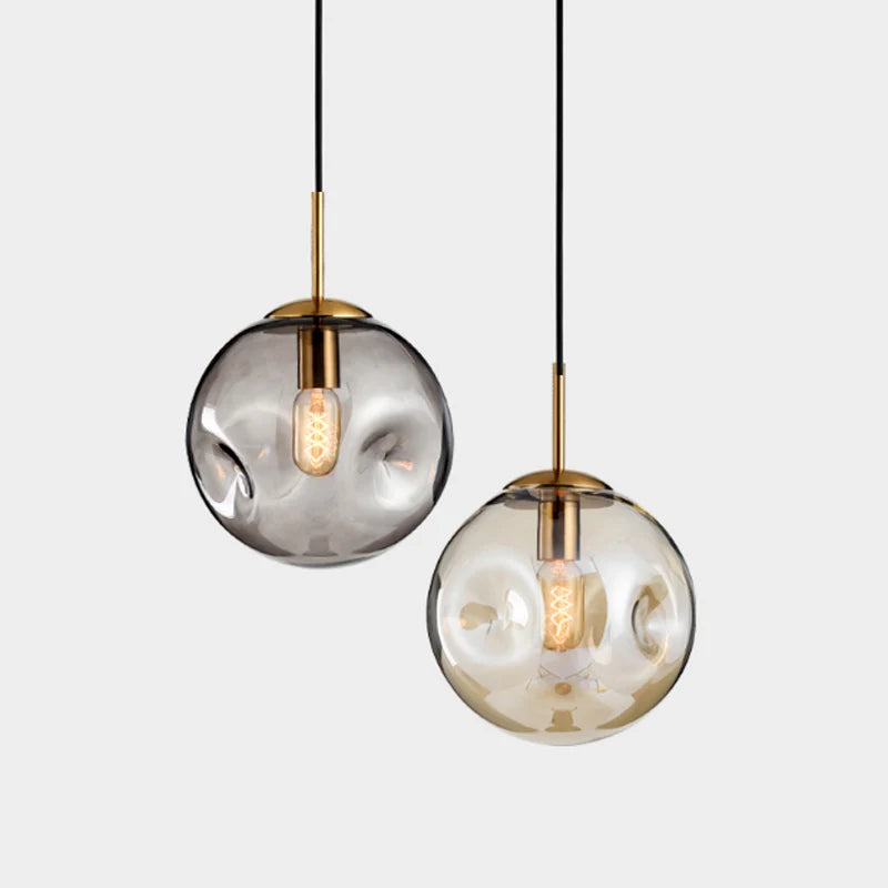 Nordic Industrial Textured Pendant Light with Brushed Brass & Amber Glass Ball, LED E27 Edison Bulb Ceiling Lamp for Restaurant