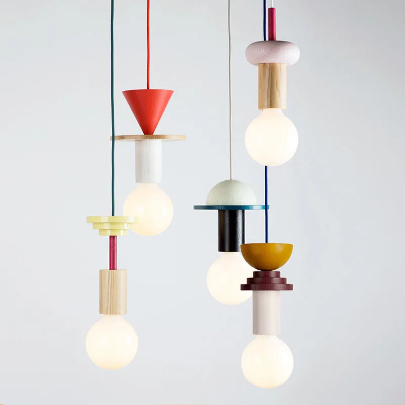 Modern Solid Wood Pendant Lamp LED E27 Customizable Color Design for Dining Table Bedside Study Room Indoor Hanging Lighting