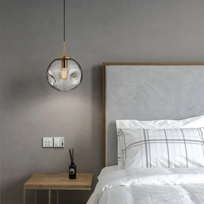 Nordic Industrial Textured Pendant Light with Brushed Brass & Amber Glass Ball, LED E27 Edison Bulb Ceiling Lamp for Restaurant