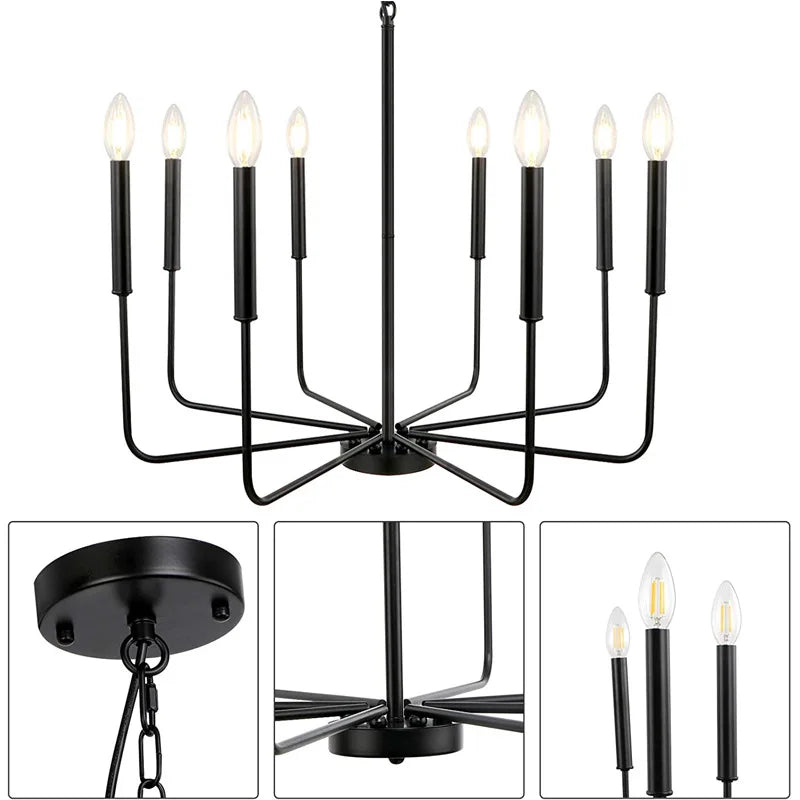 Modern Simple Black Metal Baking Paint 8 Heads Pendant Light E12 Restaurant Bedroom Living Room Indoor Golden Fixture Lamp 110V