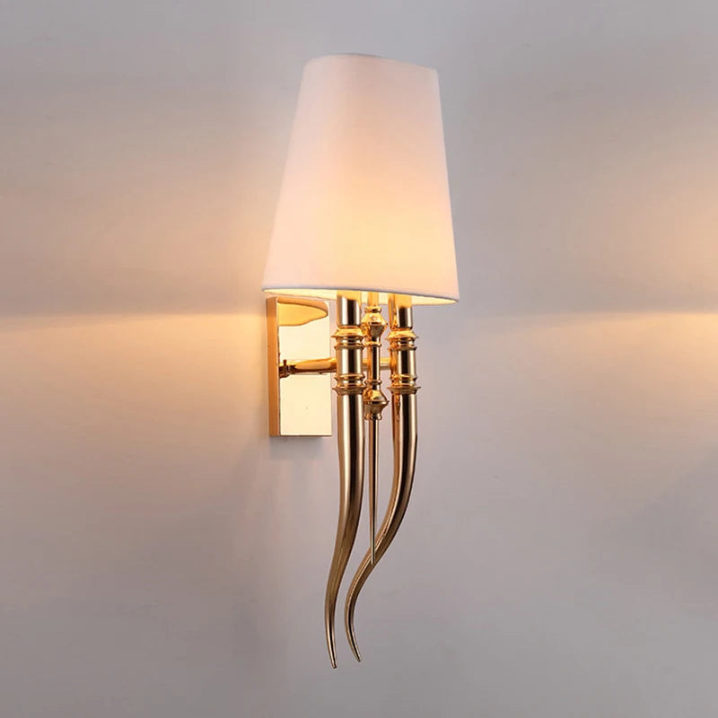 Modern Creative Iron Antler Wall Sconce Light for Living Room Home Decor, Fabric Lampshade Bedroom E14 LED Bulb Wall Lamp