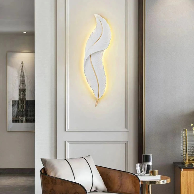 Modern Brief Bionic LED Resin Wall Lamp White Feather Home Decoration Bedroom Wall Sconce 45X18cm