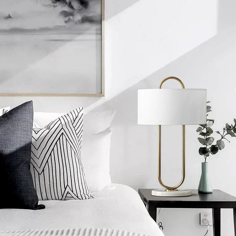 Simple Modern Golden Metal Plating Table Lamp Living Room Bedroom Study Decor White Cloth LED E27 Lighting Desk Fixture