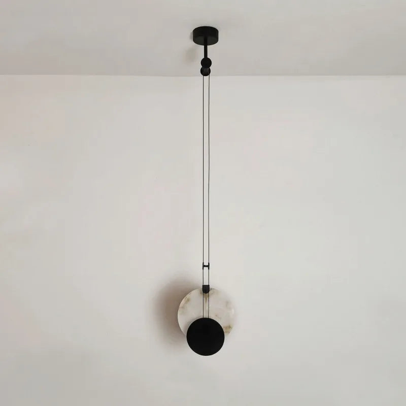 Modern Simple Black Paint Iron Disc Marble LED Light Single Dining Pendant Lamp Warm White Bedroom Living Room Hanging Fixture